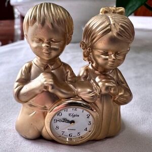 Vintage Elgin Quartz Praying Children Gold Tone Religious Clock Desk Shelf Decor